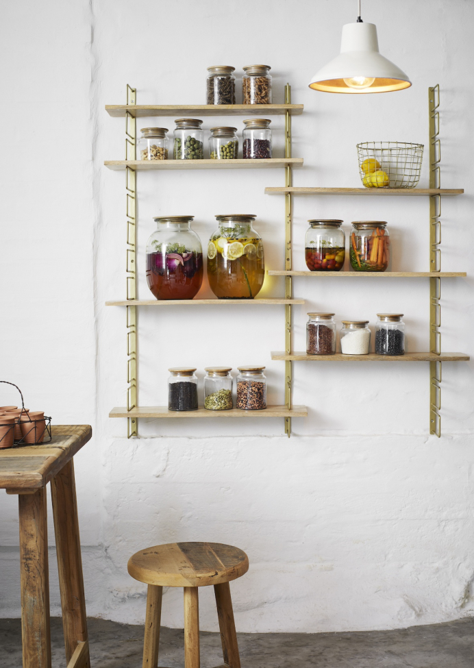 Seinähylly 'Wooden shelves' - Messinki/luonnonväri