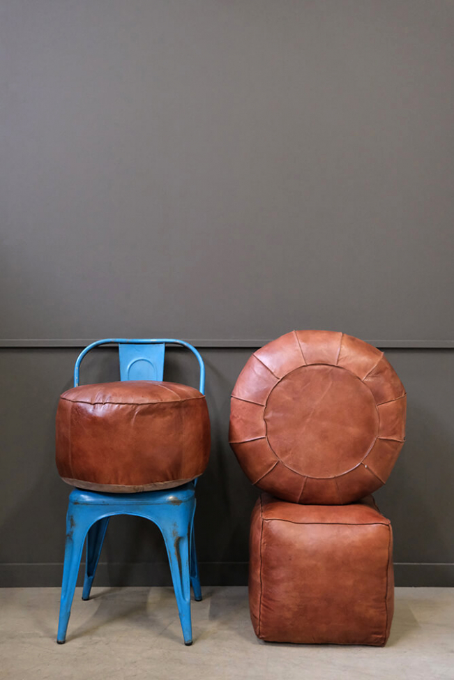 Nahkapuff 'Olivia' Pyöreä - Ruskea